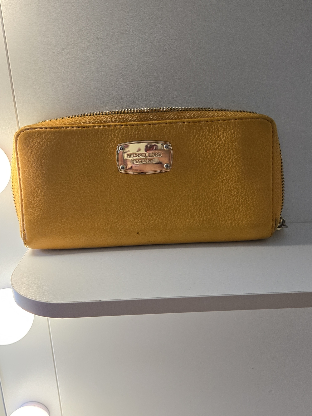 Michael Kors Mustard Yellow Pebbled Leather Zip Wallet with Gold Plate